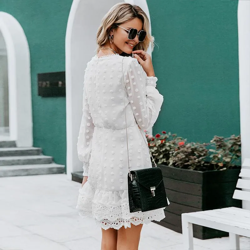 Pink or White Chiffon Dress  Long Sleeve Lace Dress