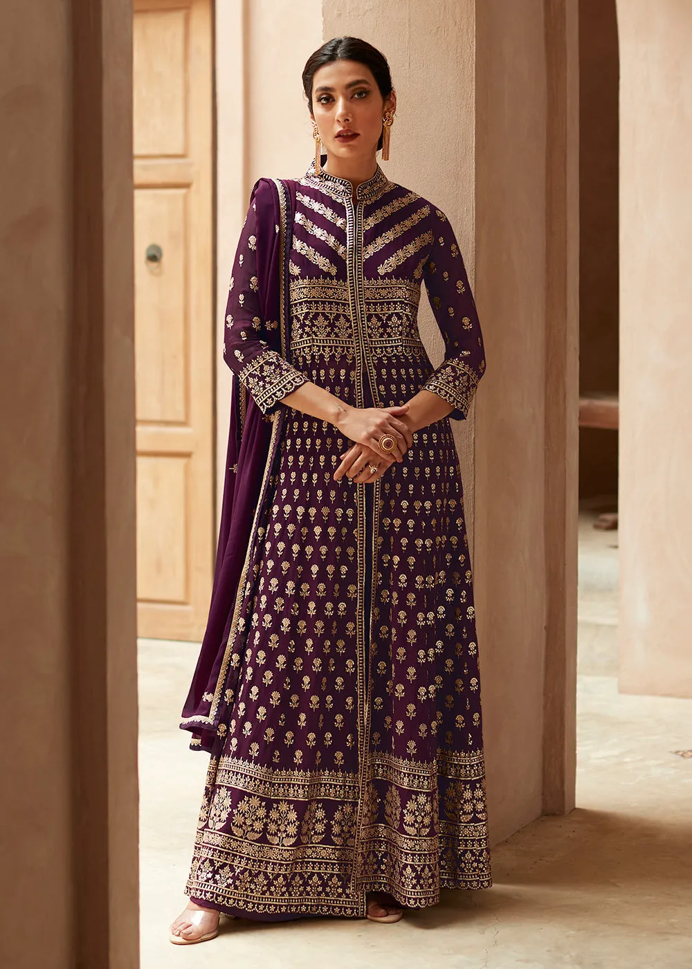 Plum Purple Anarkali Style Front Slit Palazzo Style Suit