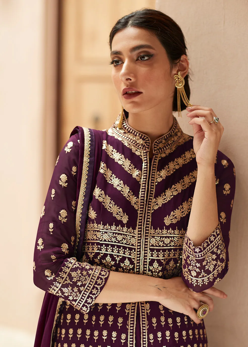 Plum Purple Anarkali Style Front Slit Palazzo Style Suit