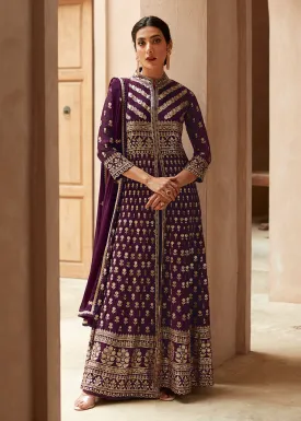 Plum Purple Anarkali Style Front Slit Palazzo Style Suit