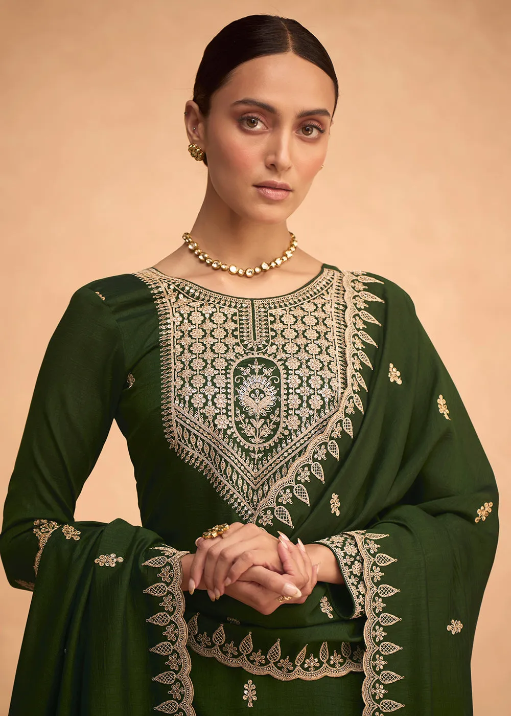 Pretty Green Premium Silk Embroidered Indian Palazzo Suit