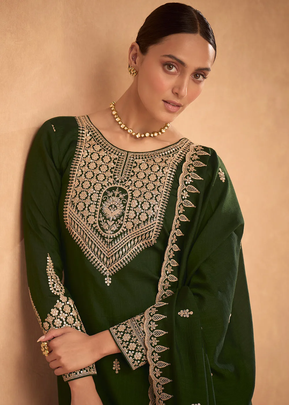 Pretty Green Premium Silk Embroidered Indian Palazzo Suit