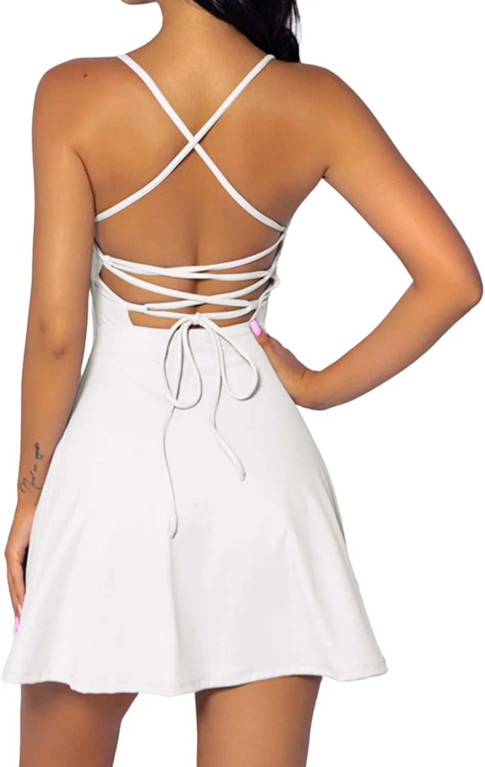 QINSEN Womens Two Pieces Tennis Dress with Shorts Workout Open Back Active Golf Dresses