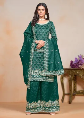 Rama Green Gold Crushed Embroidered Palazzo Suit