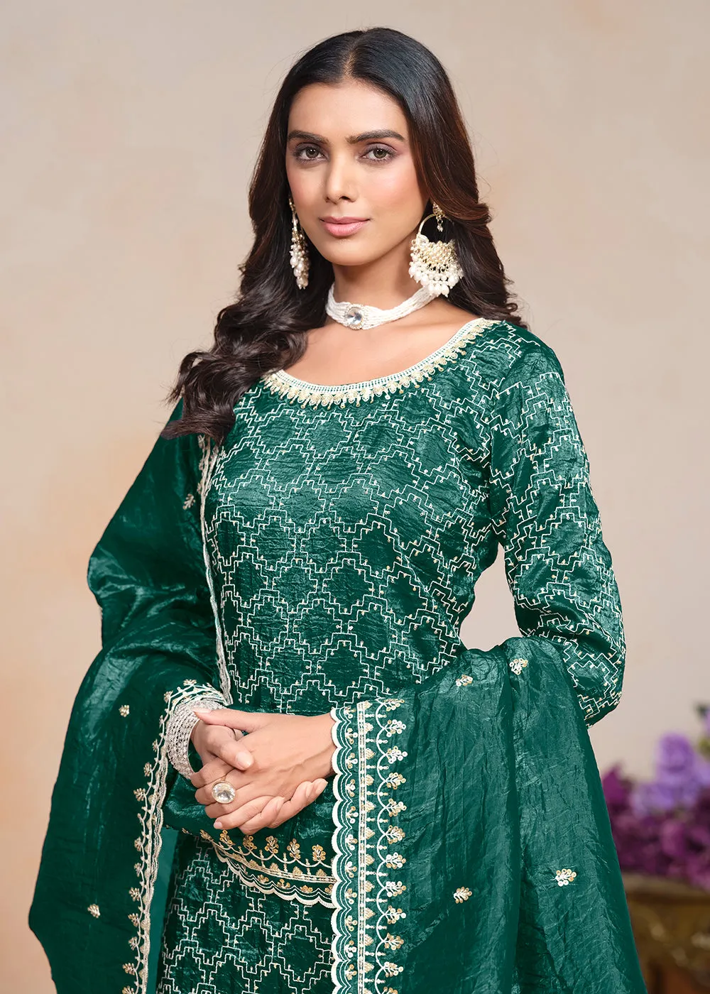 Rama Green Gold Crushed Embroidered Palazzo Suit