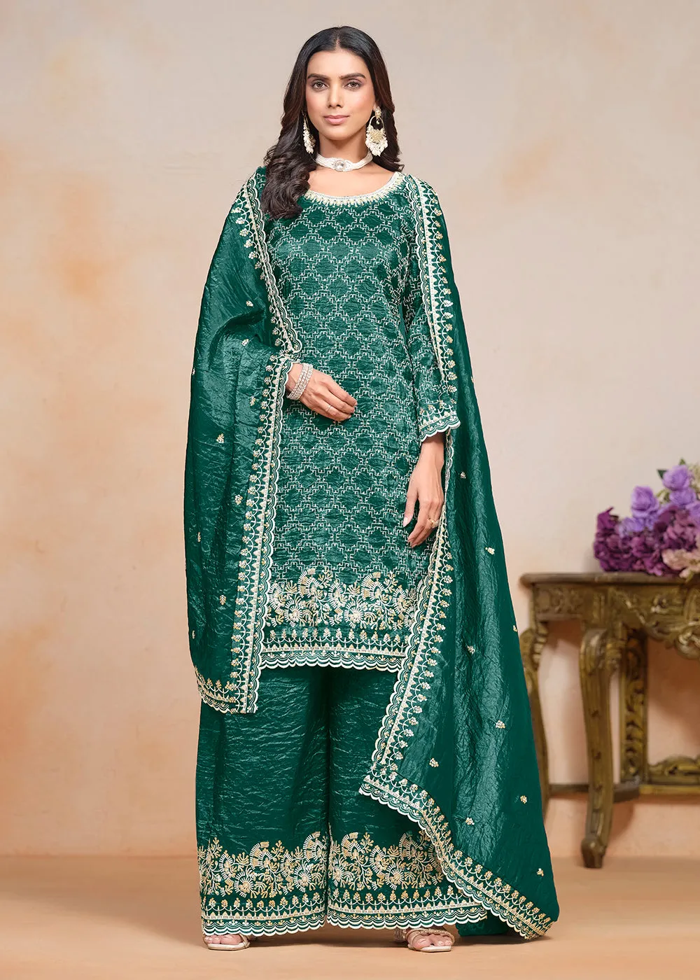 Rama Green Gold Crushed Embroidered Palazzo Suit