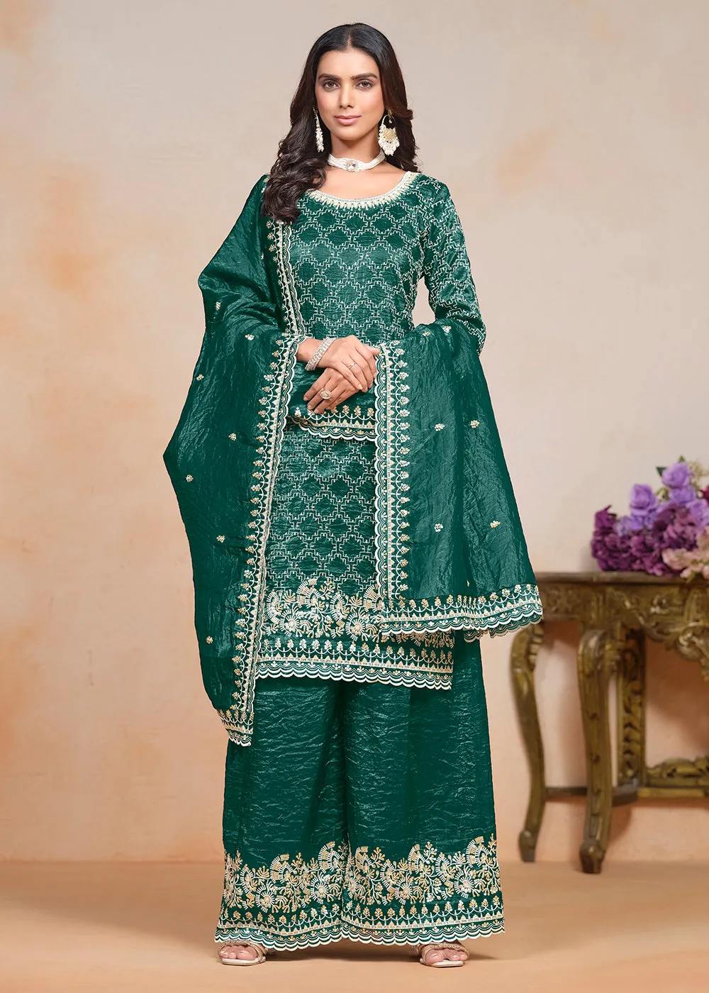 Rama Green Gold Crushed Embroidered Palazzo Suit
