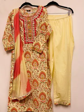 RFSS915 - Jaipuri Cotton Kurta in Lemon Yellow with Pink Floral Prints. Comes with Pants and Chiffon Dupatta