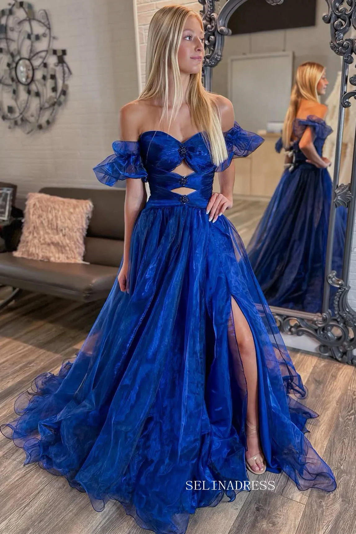 Royal Blue Strapless Keyhole Balloon Sleeves Long Prom Dress SEW0623