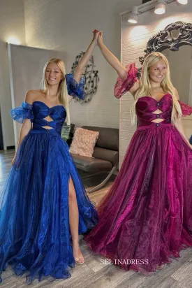 Royal Blue Strapless Keyhole Balloon Sleeves Long Prom Dress SEW0623