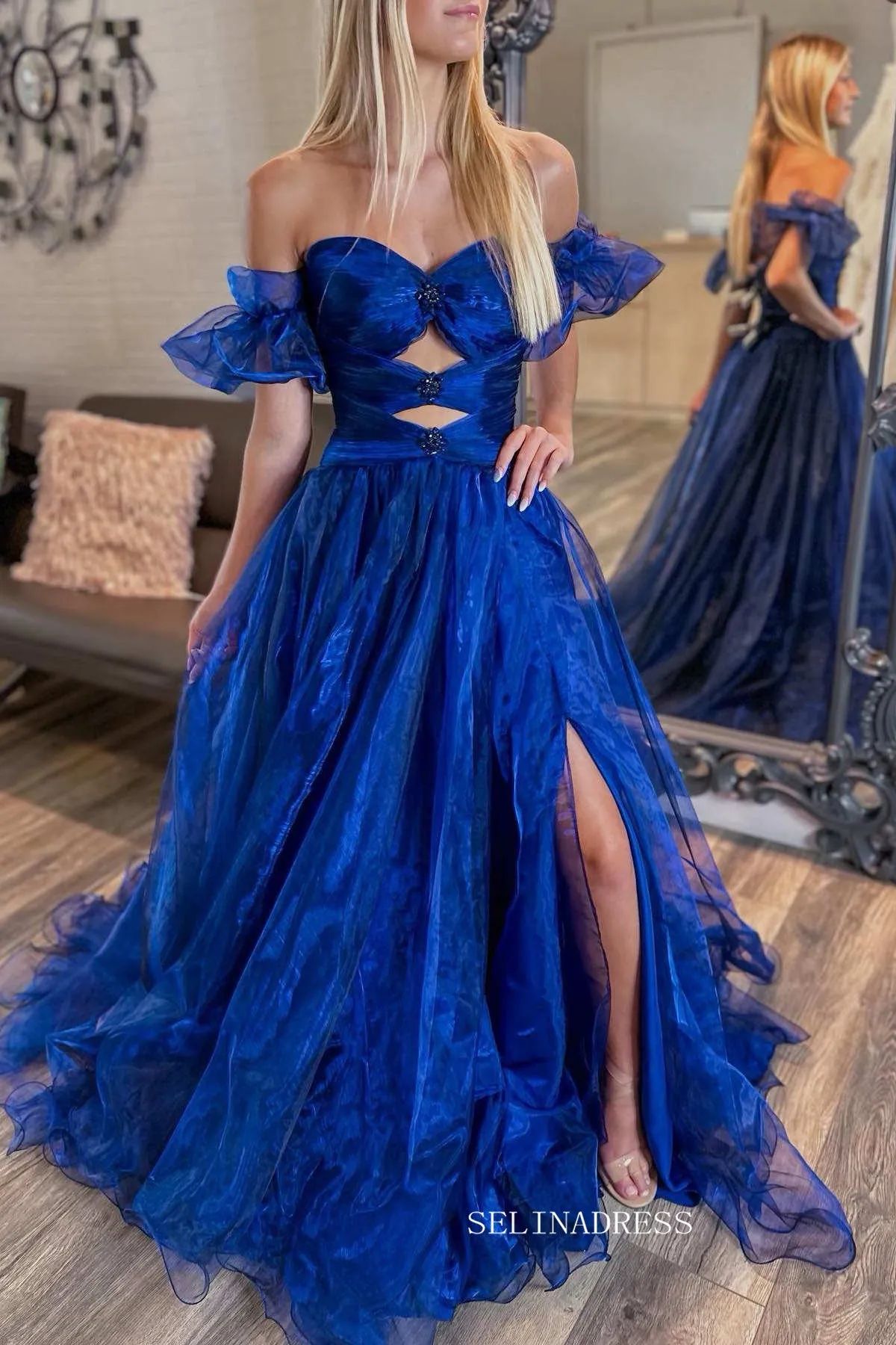 Royal Blue Strapless Keyhole Balloon Sleeves Long Prom Dress SEW0623