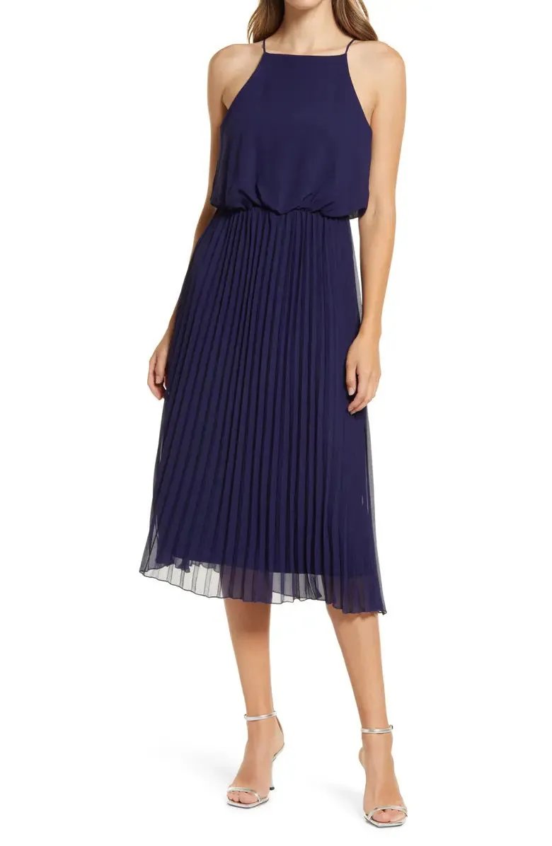 Sam Edelman Spaghetti Strap Sleeveless Blouson A-Line Pleated Chiffon Dress