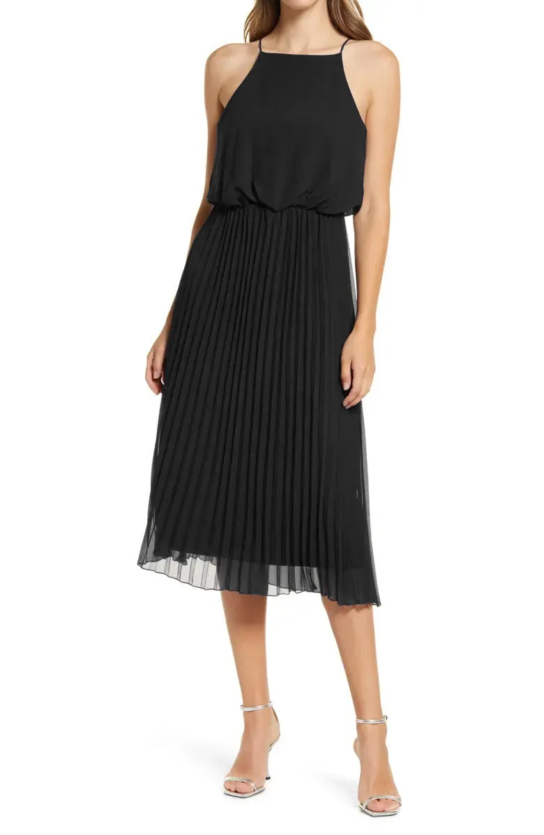 Sam Edelman Spaghetti Strap Sleeveless Blouson A-Line Pleated Chiffon Dress