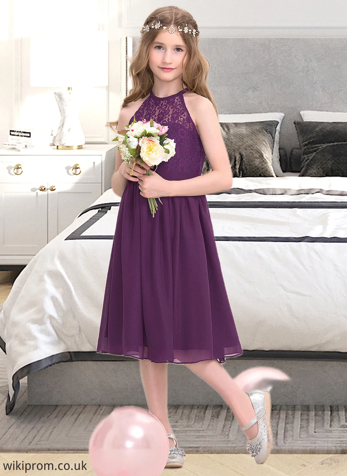 Samantha A-Line Scoop Neck Knee-Length Chiffon Junior Bridesmaid Dress SWKP0013379
