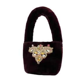 Sandy Faux Fur Jeweled Patch Purse in Burgundy