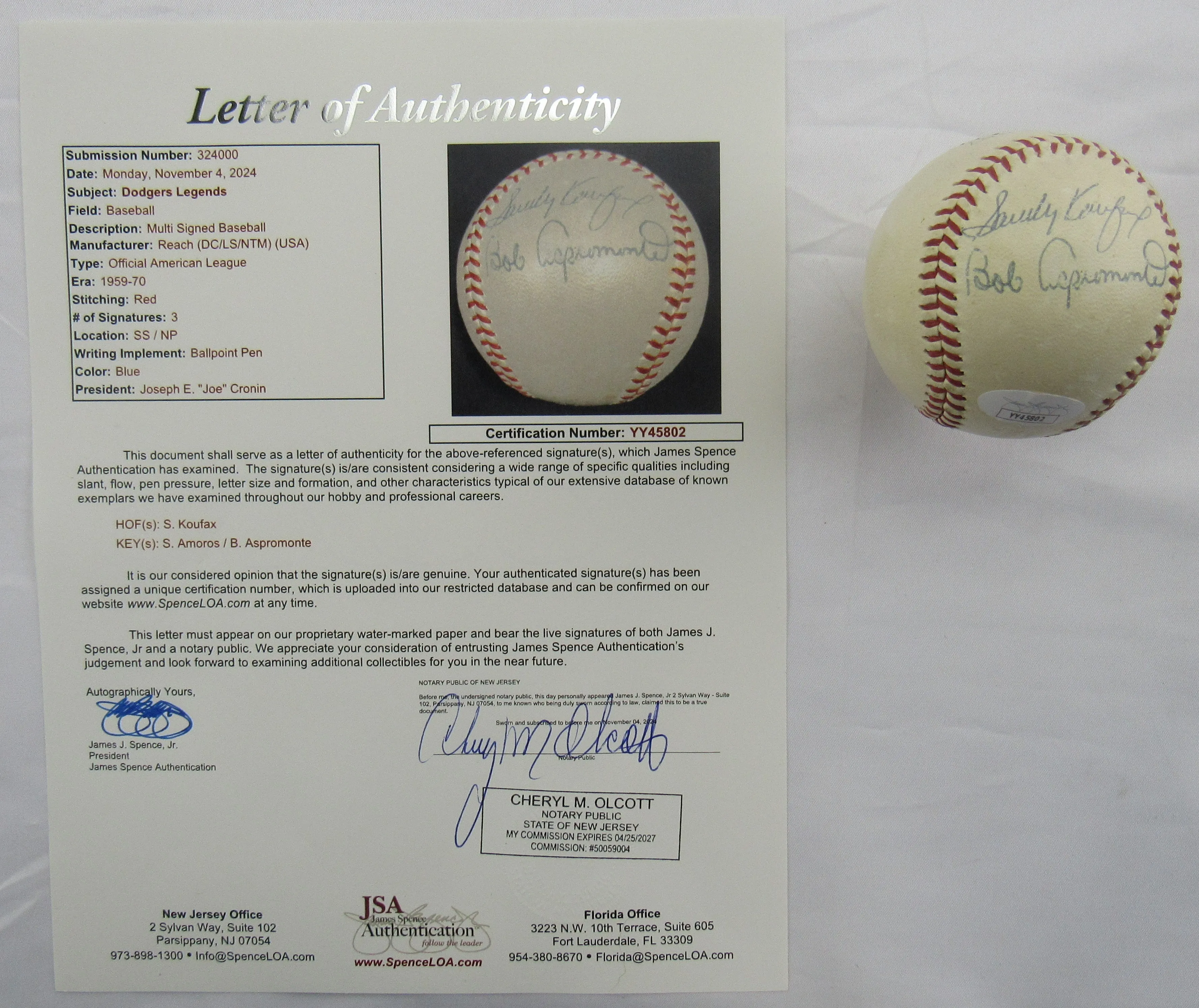 Sandy Koufax Sandy Amoros Bob Aspromonte Signed Rawlings Baseball JSA LOA YY45802