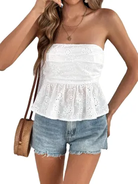 SHENHE Women's Ruffle Tube Top Smocked Eyelet Strapless Peplum Top Cute Summer Boho Top