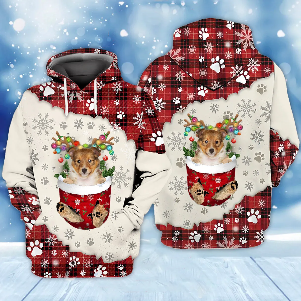 Shetland Sheepdog In Snow Pocket Merry Christmas Unisex Hoodie