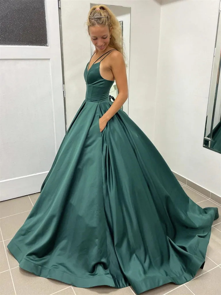 Spaghetti Straps Dark Green A-line Prom Dresses Long Formal Dresses