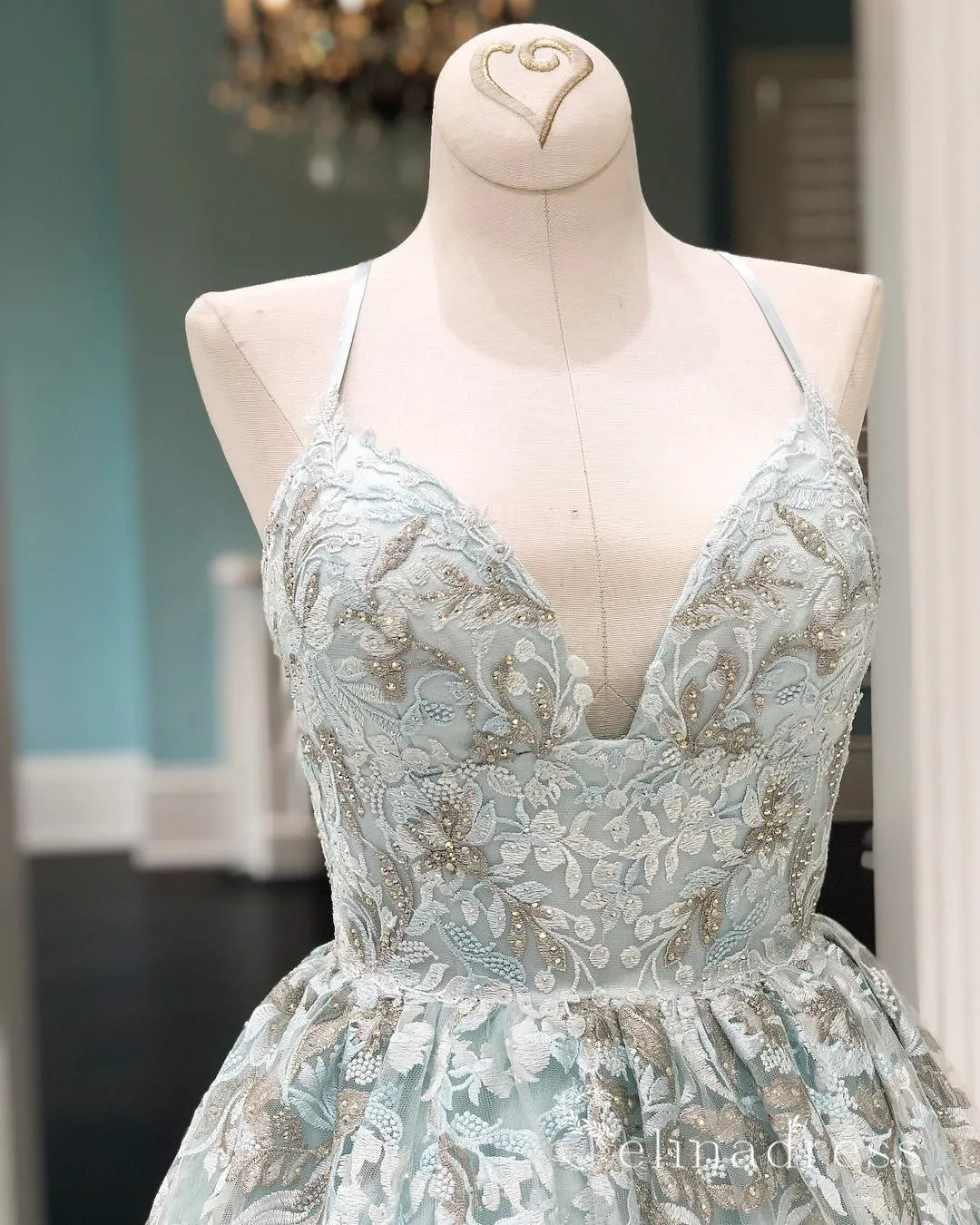 Spaghetti Straps Lace Prom Dresses Long Evening Gowns Mint Green Formal Dresses SED025