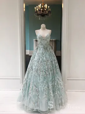 Spaghetti Straps Lace Prom Dresses Long Evening Gowns Mint Green Formal Dresses SED025