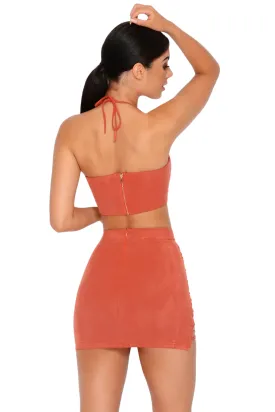 Straight Laced Suede Tie Up Mini Skirt in Brick Red