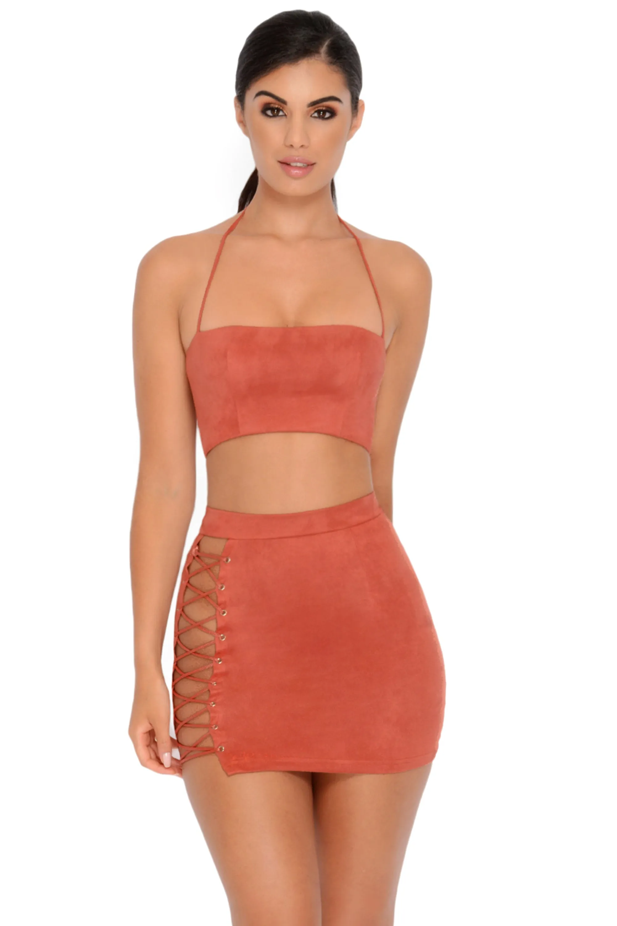 Straight Laced Suede Tie Up Mini Skirt in Brick Red