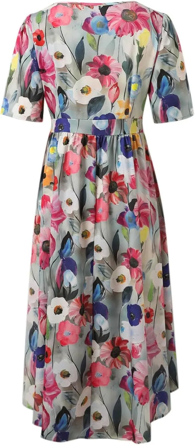 Summer Chiffon Dresses for Women Elegant V Neck Belted Short Sleeve Midi Dress A Line Wedding Prom Cocktail Midi Dress