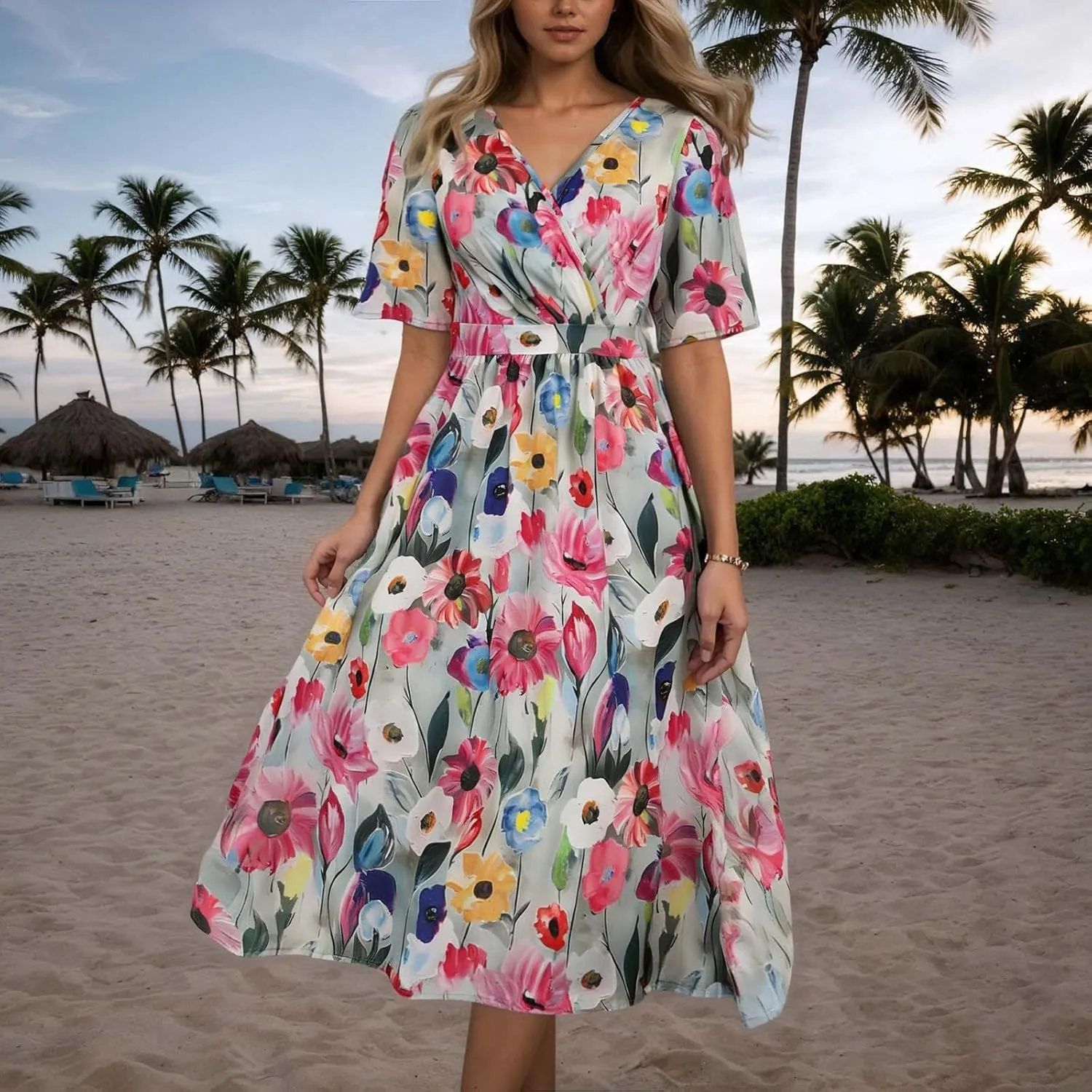 Summer Chiffon Dresses for Women Elegant V Neck Belted Short Sleeve Midi Dress A Line Wedding Prom Cocktail Midi Dress
