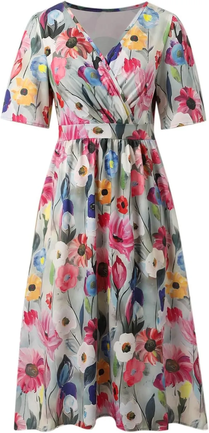 Summer Chiffon Dresses for Women Elegant V Neck Belted Short Sleeve Midi Dress A Line Wedding Prom Cocktail Midi Dress