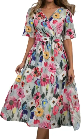 Summer Chiffon Dresses for Women Elegant V Neck Belted Short Sleeve Midi Dress A Line Wedding Prom Cocktail Midi Dress