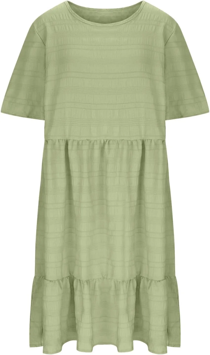 TANGNADE Summer Dresses for Women Plus Size Short Sleeve Crewneck T Shirt Dress Dressy Casual Ruffle Flowy Beach Sundresses