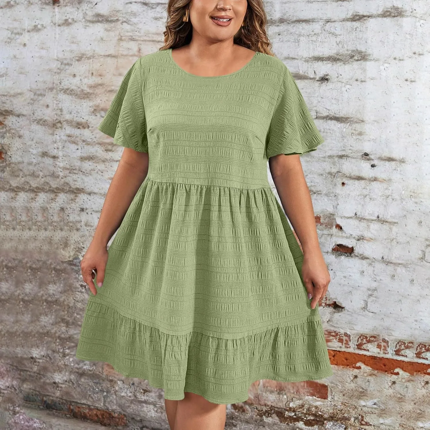TANGNADE Summer Dresses for Women Plus Size Short Sleeve Crewneck T Shirt Dress Dressy Casual Ruffle Flowy Beach Sundresses