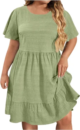 TANGNADE Summer Dresses for Women Plus Size Short Sleeve Crewneck T Shirt Dress Dressy Casual Ruffle Flowy Beach Sundresses