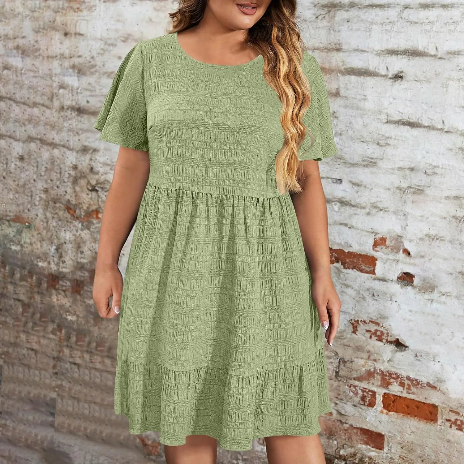 TANGNADE Summer Dresses for Women Plus Size Short Sleeve Crewneck T Shirt Dress Dressy Casual Ruffle Flowy Beach Sundresses