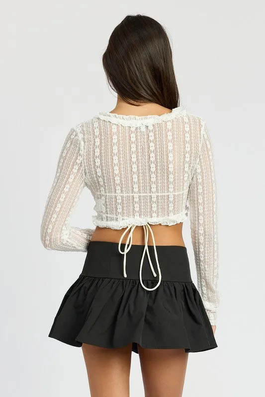 TEEK - ALL LACE RUFFLE TIE FRONT CARDIGAN