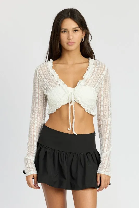 TEEK - ALL LACE RUFFLE TIE FRONT CARDIGAN