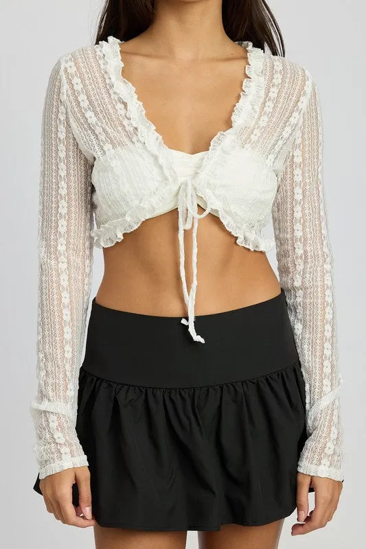 TEEK - ALL LACE RUFFLE TIE FRONT CARDIGAN
