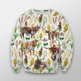 Texas Longhorn Farm Wheat Pattern 3D Crewneck Christmas Sweatshirt