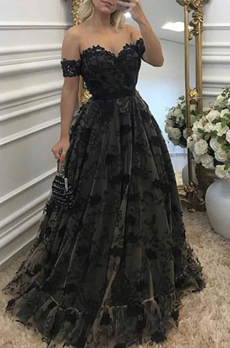 Unique A Line Off The Shoulder Black Lace Long Prom Dresses