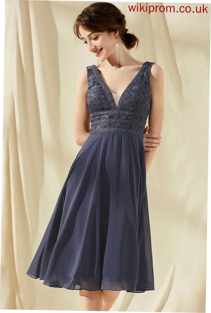 V-neck Chiffon Mariam Lace Knee-Length Dress Homecoming Dresses A-Line Homecoming