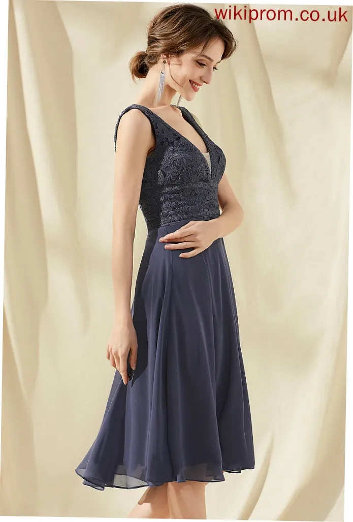 V-neck Chiffon Mariam Lace Knee-Length Dress Homecoming Dresses A-Line Homecoming