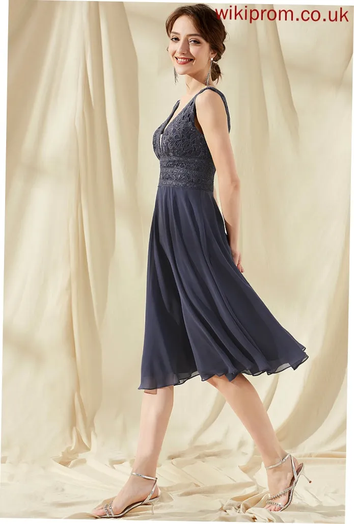 V-neck Chiffon Mariam Lace Knee-Length Dress Homecoming Dresses A-Line Homecoming