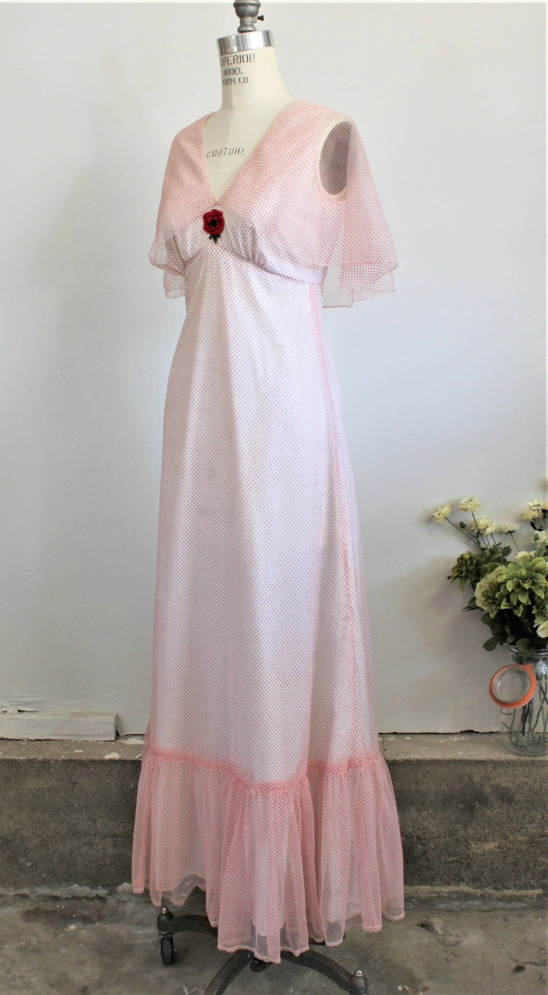 Vintage 1960s Full Length Party Dress, Red and White Polkadots
