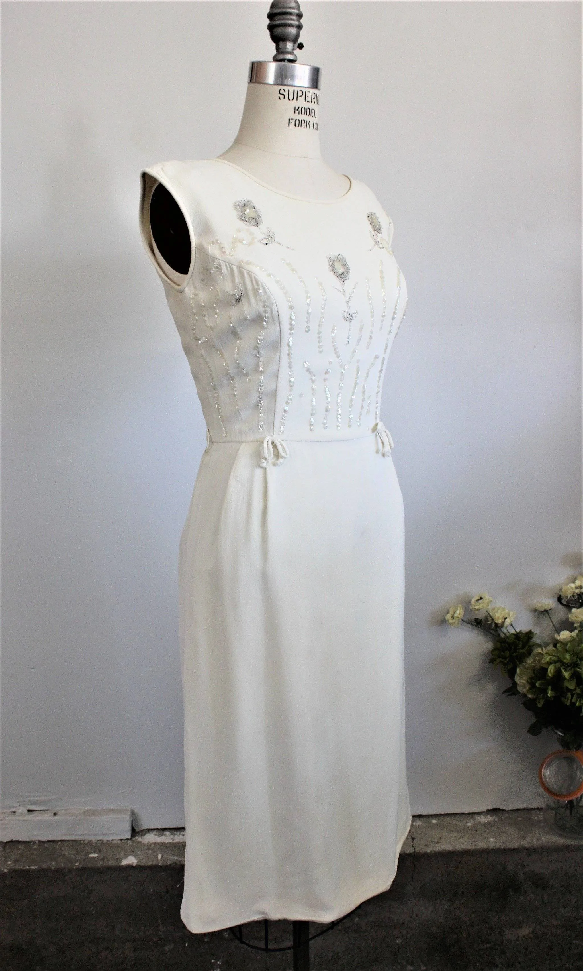 Vintage 1960s White Beaded Wiggle Dress With Sequins