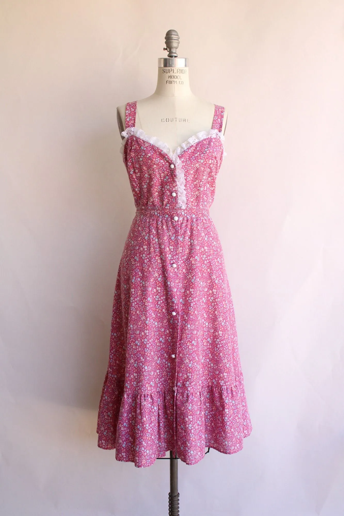 Vintage 1970s 1980s Pink Floral Calico Sundress with Pockets