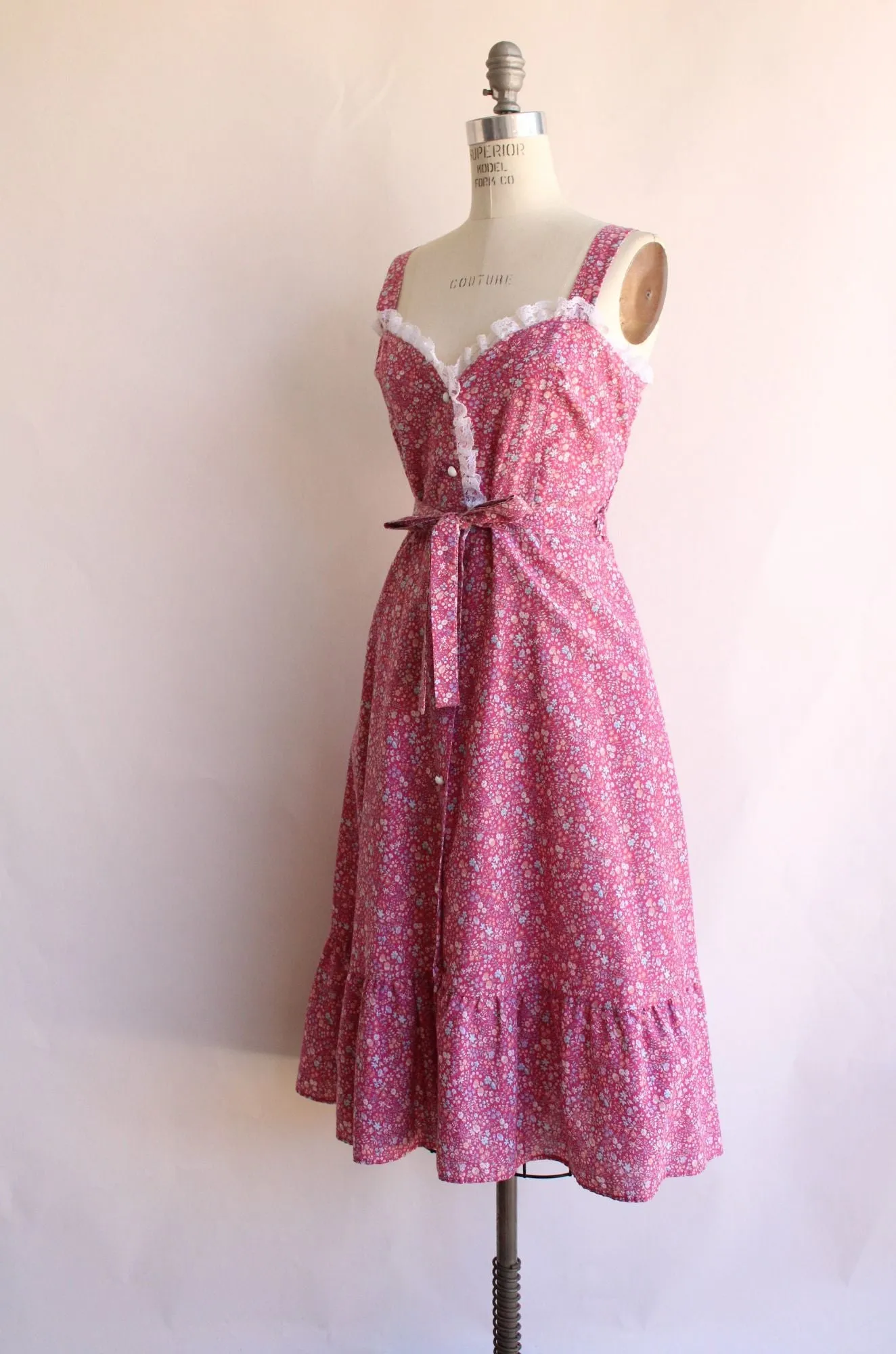 Vintage 1970s 1980s Pink Floral Calico Sundress with Pockets