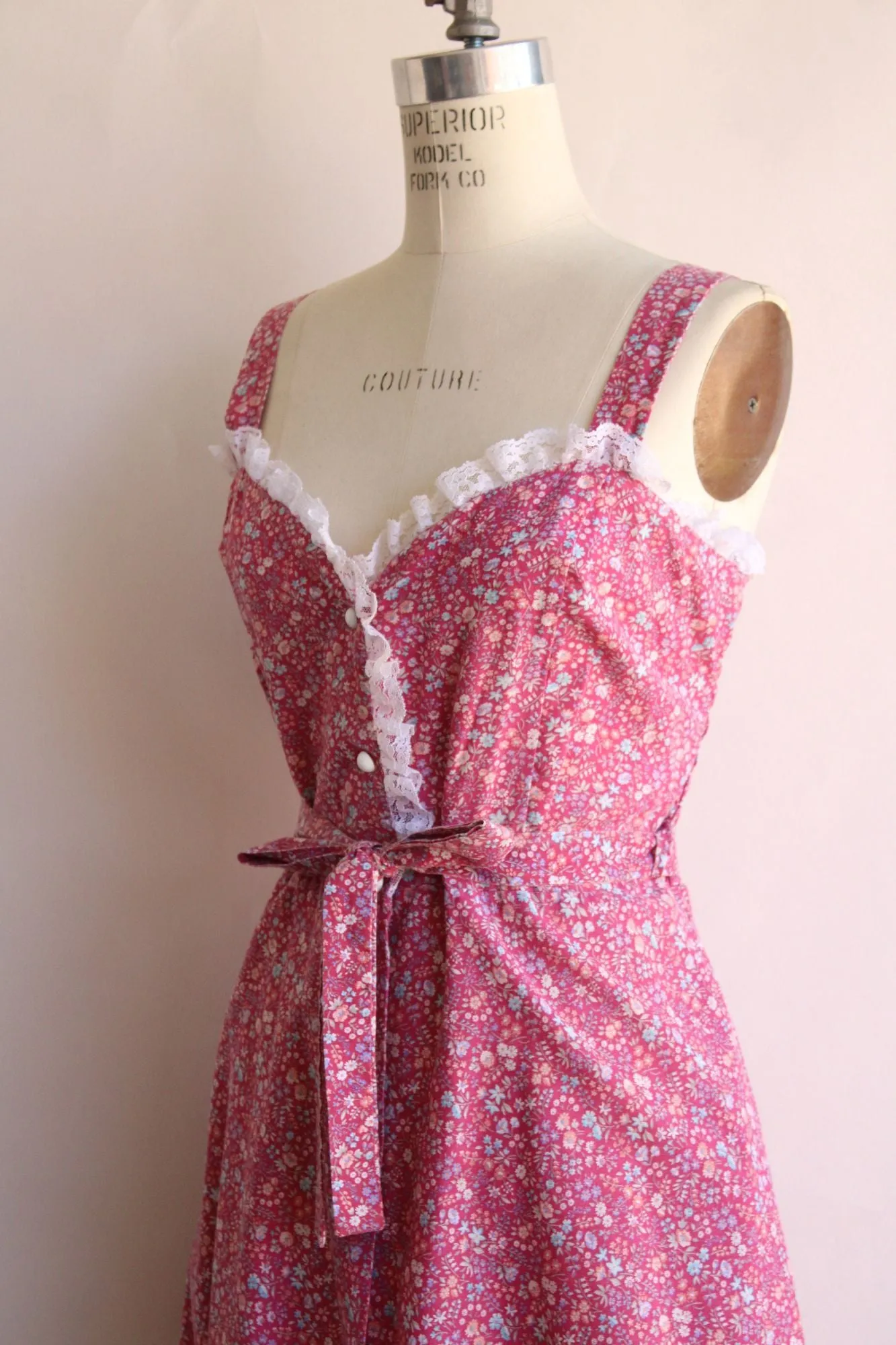 Vintage 1970s 1980s Pink Floral Calico Sundress with Pockets