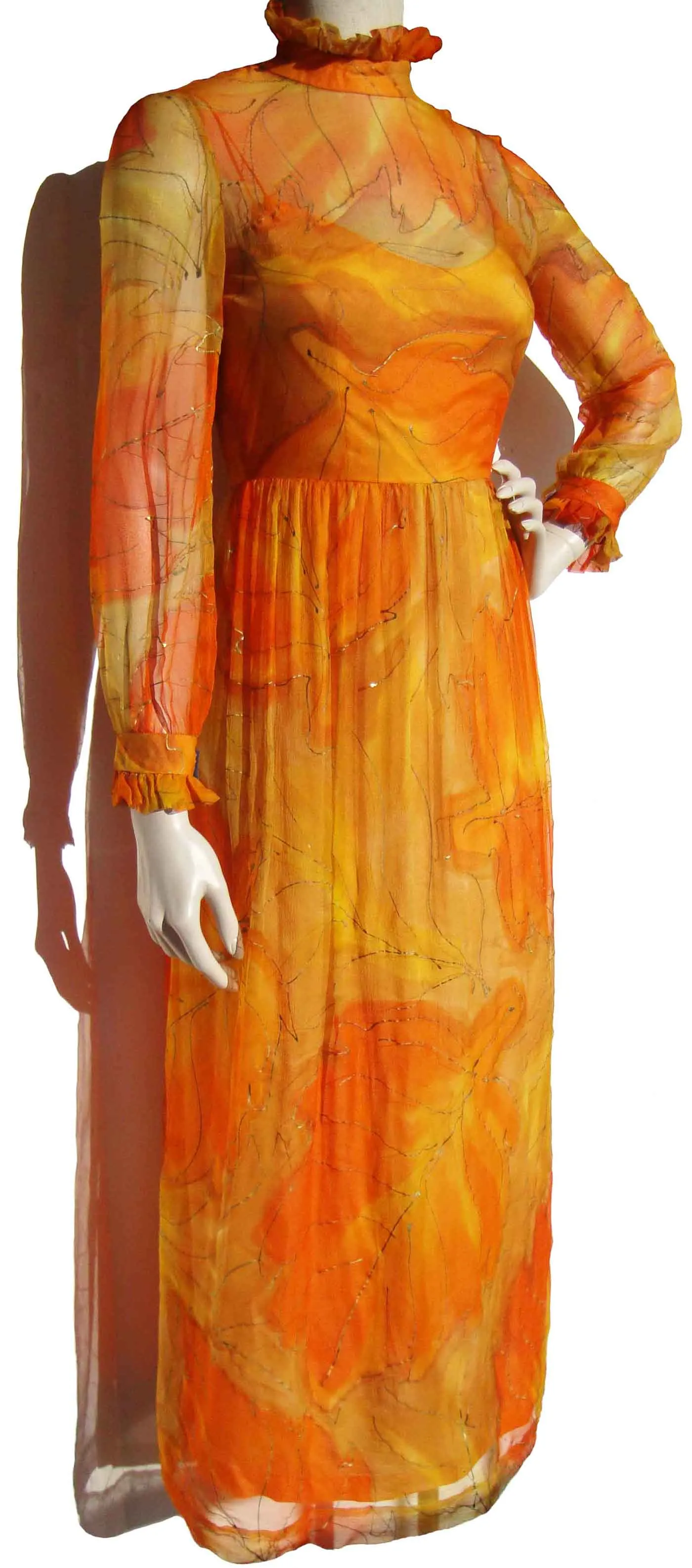 Vintage 70s Cocktail Dress Taffeta & Chiffon Orange Apricot Gown S
