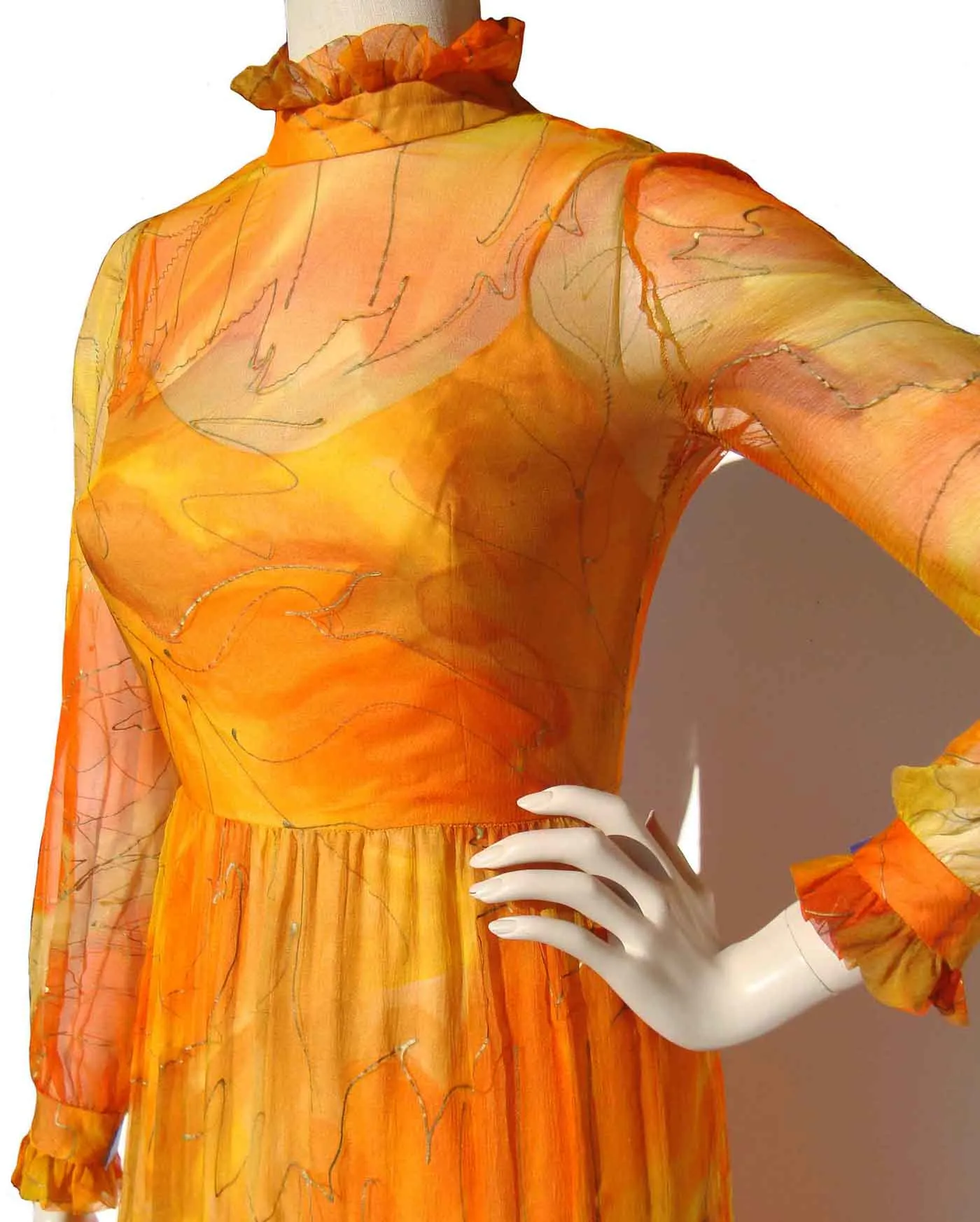 Vintage 70s Cocktail Dress Taffeta & Chiffon Orange Apricot Gown S
